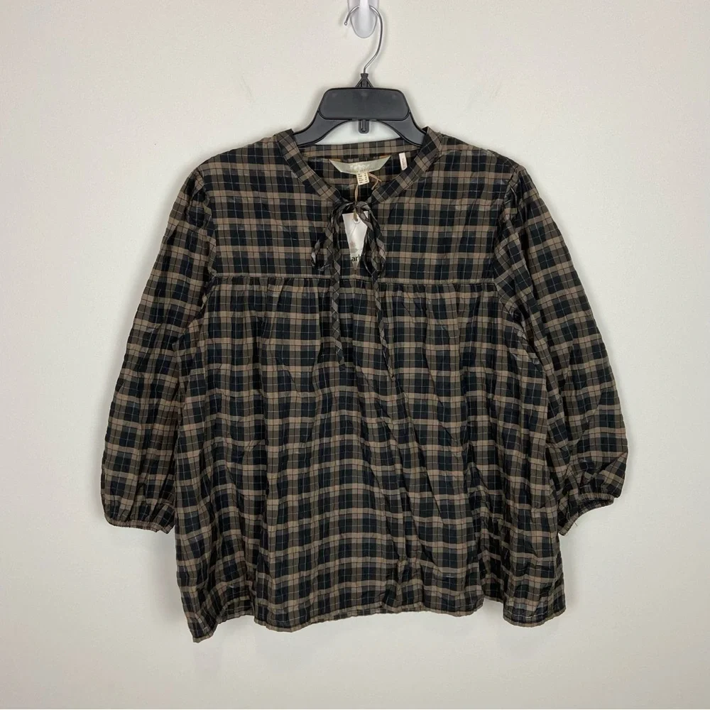 Barbour Lorelie Check Tie Neck Top Size 10